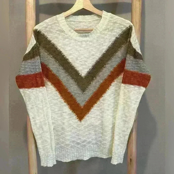 Women's Chevron crewneck Sweater Casual Long Sleeve Knitwear granola colorblock - Picture 2 of 8